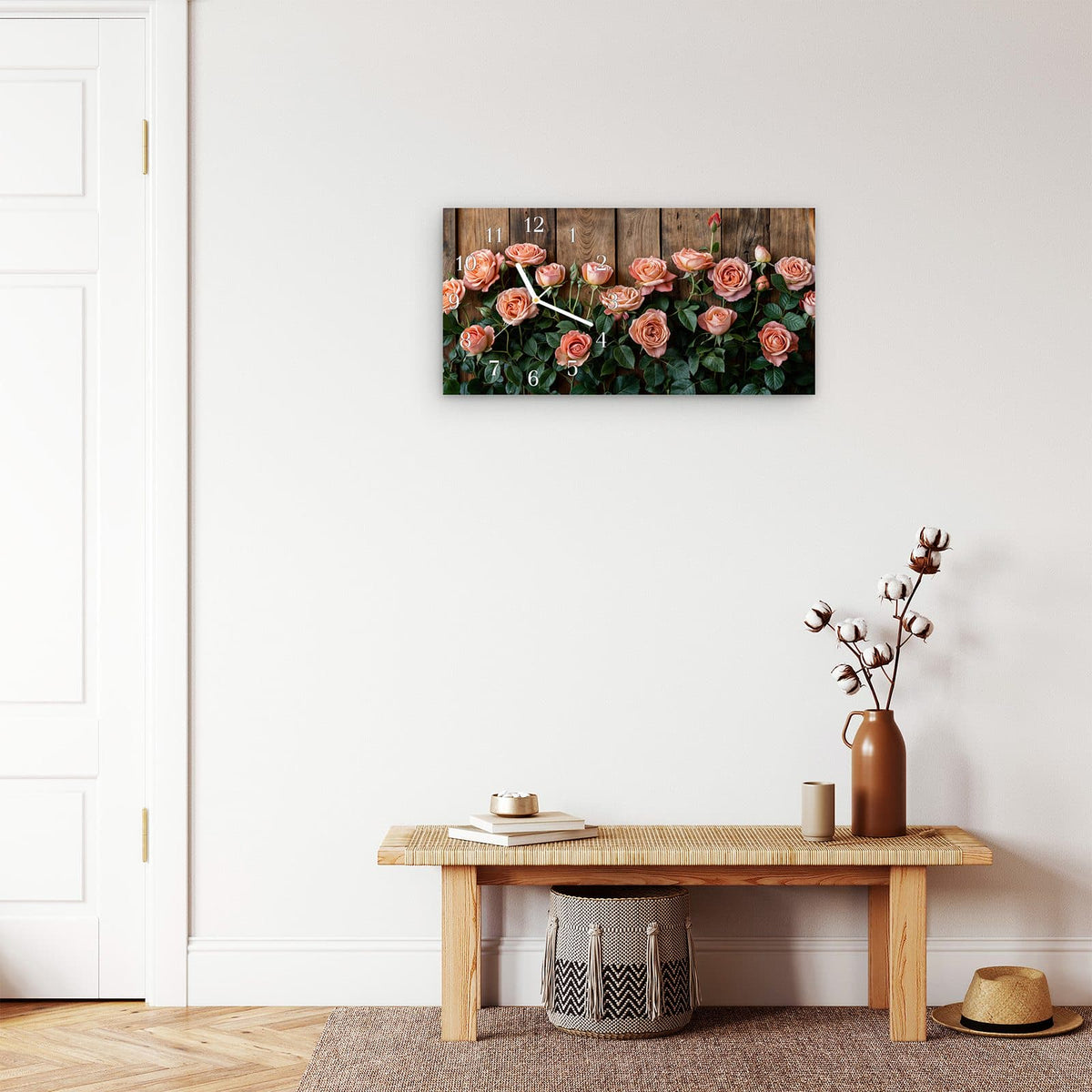 Moderne Wanduhr aus Glas mit Farbtiefe – Wanduhr Rosen Holzhintergrund aus Glas – Querformat 60 × 30 cm