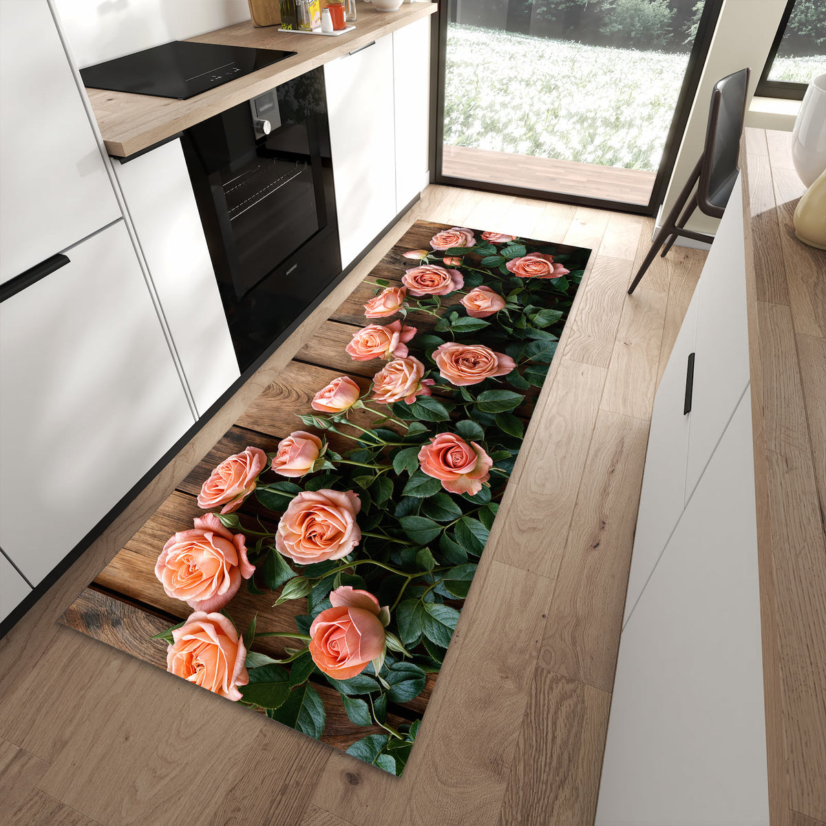 Farbbeständiger waschbarer Küchenläufer mit Motiv Rosen Holzhintergrund in moderner Küche