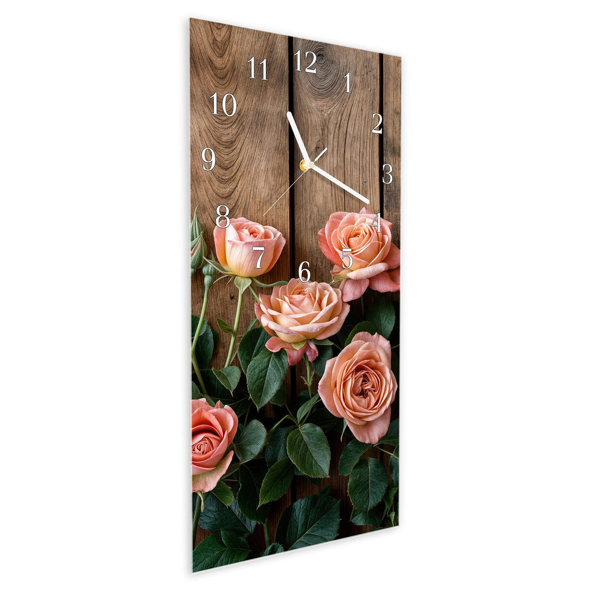 Vormontiert – mit Schwebeeffekt – Wanduhr Rosen Holzhintergrund aus Glas – Hochformat 30 × 60 cm