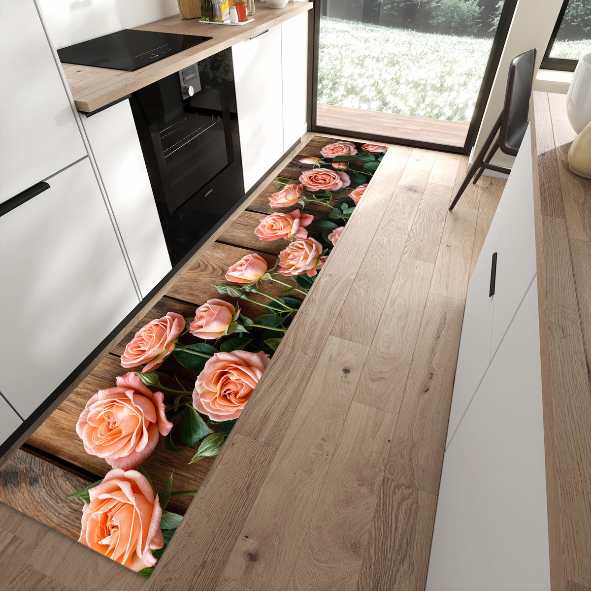 13 Größen – von 60 × 90 bis 80 × 300 cm – Küchenläufer - Rosen vor Holzwand