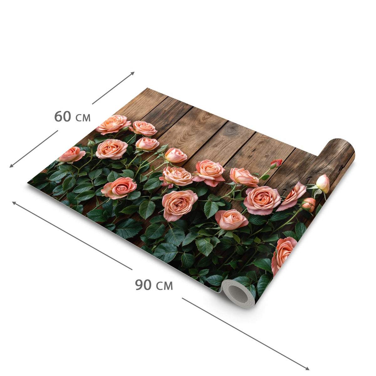 Waschbarer Küchenläufer nach Maß mit Motiv Rosen Holzhintergrund in der Größe 60x270 cm