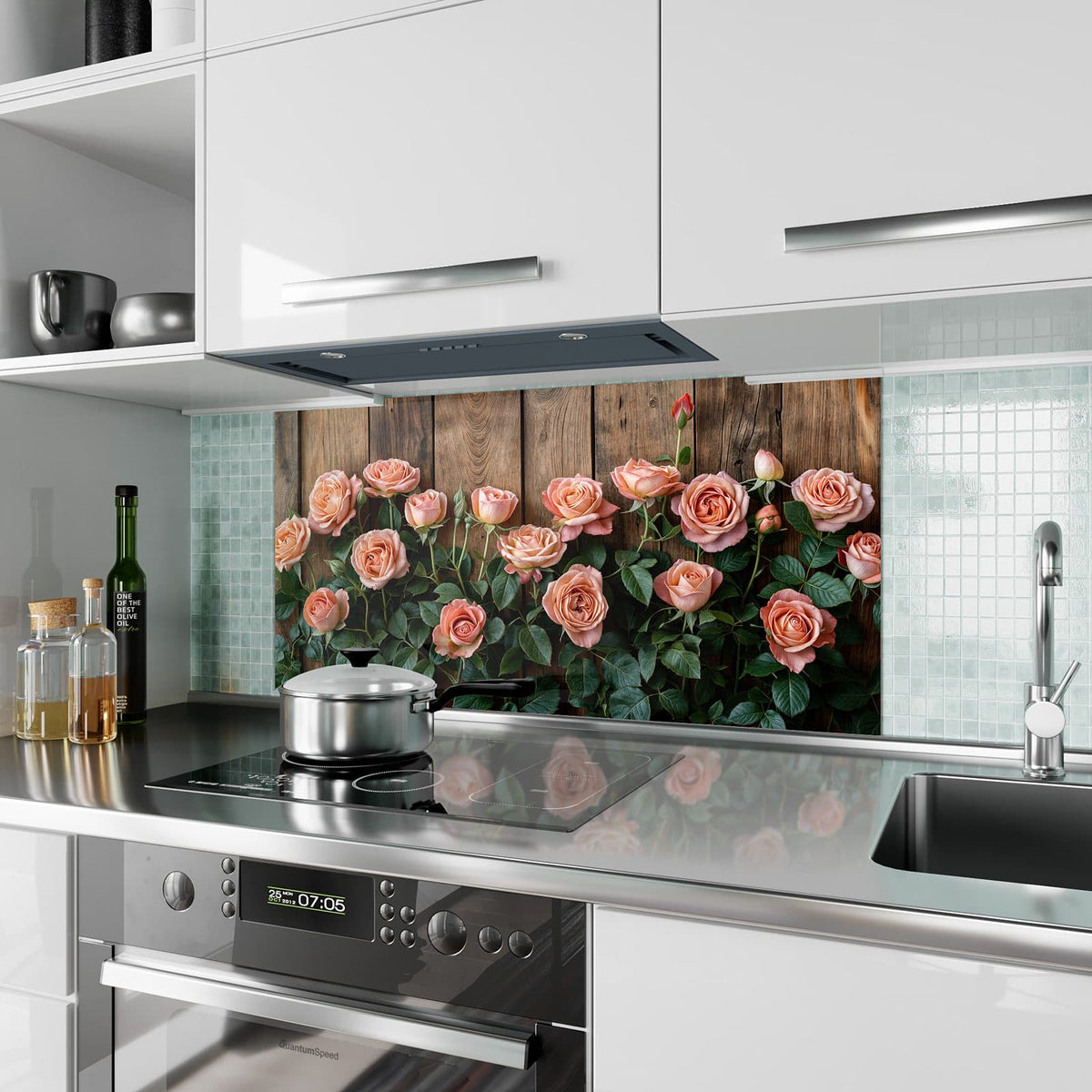 Küchenrückwand aus Glas Rosen vor Holzwand im Hochformat als Spritzschutz hinter dem Kochfeld, über dem Fliesenspiegel montiert