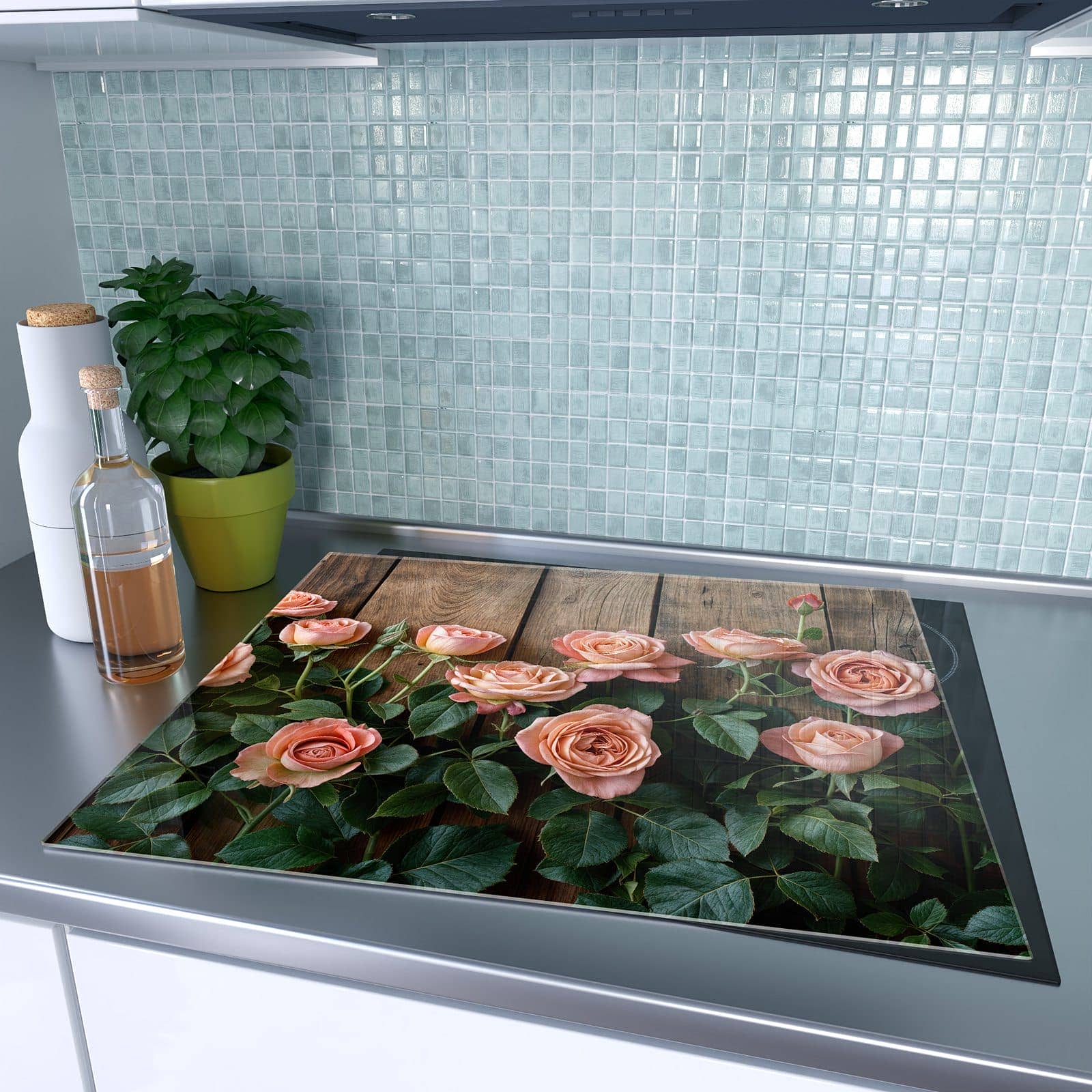 1-teilige Herdabdeckplatten für Ceranfeld mit Rosen Holzhintergrund-Motiv auf dem Ceranfeld
