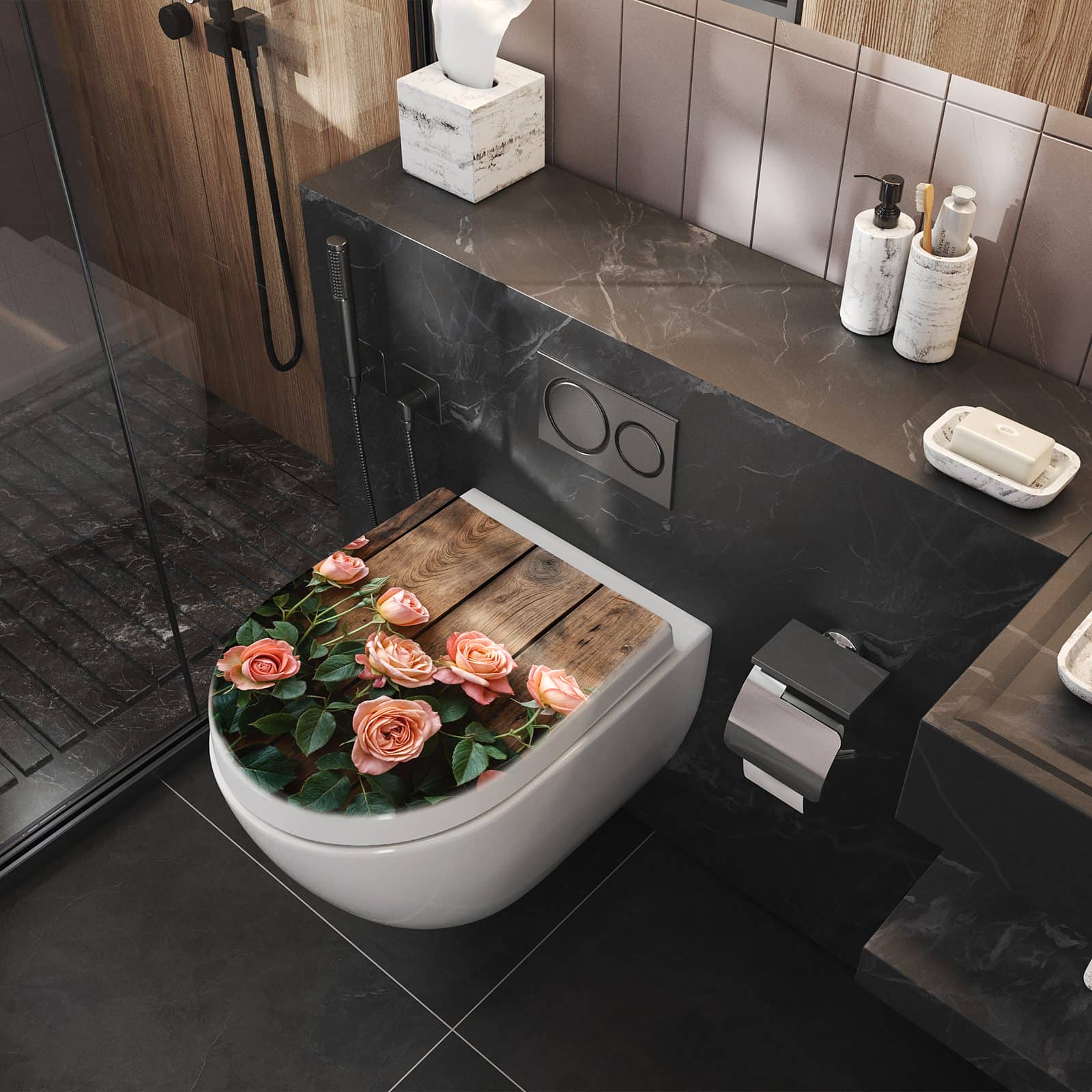 WC-Sitz mit Absenkautomatik Rosen Holzhintergrund