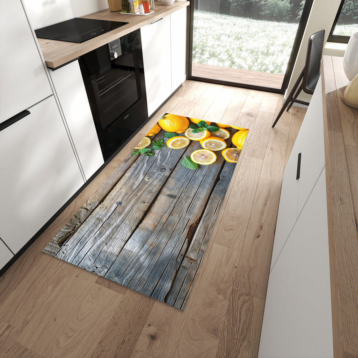 Pflegeleichter Teppich für die Küche mit Motiv Lemon Fresh in moderner Küche