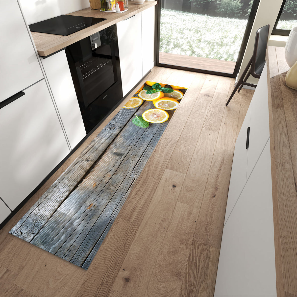 UV-beständiger Küchenläufer mit Motiv Lemon Fresh in moderner Küche - waschbar