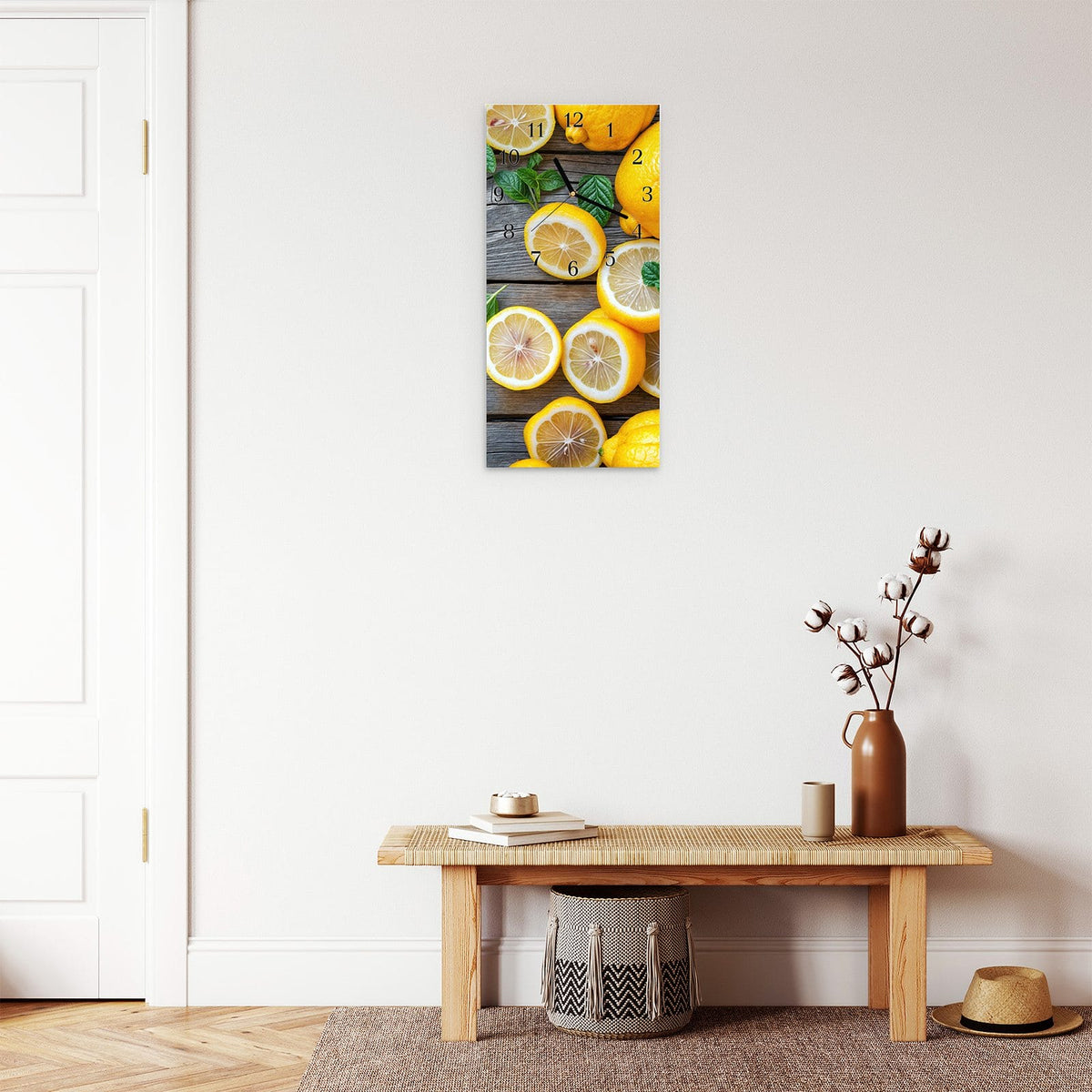 Moderne Wanduhr aus Glas mit Farbtiefe – Wanduhr Lemon Fresh aus Glas – Hochformat 30 × 60 cm