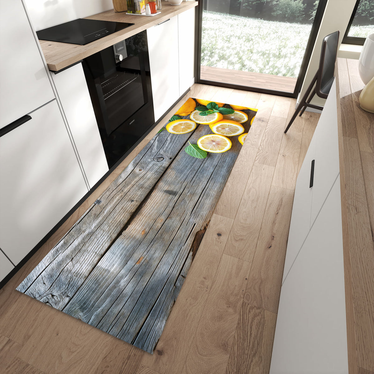 Geruchsneutraler Küchenteppich mit Motiv Lemon Fresh in moderner Küche