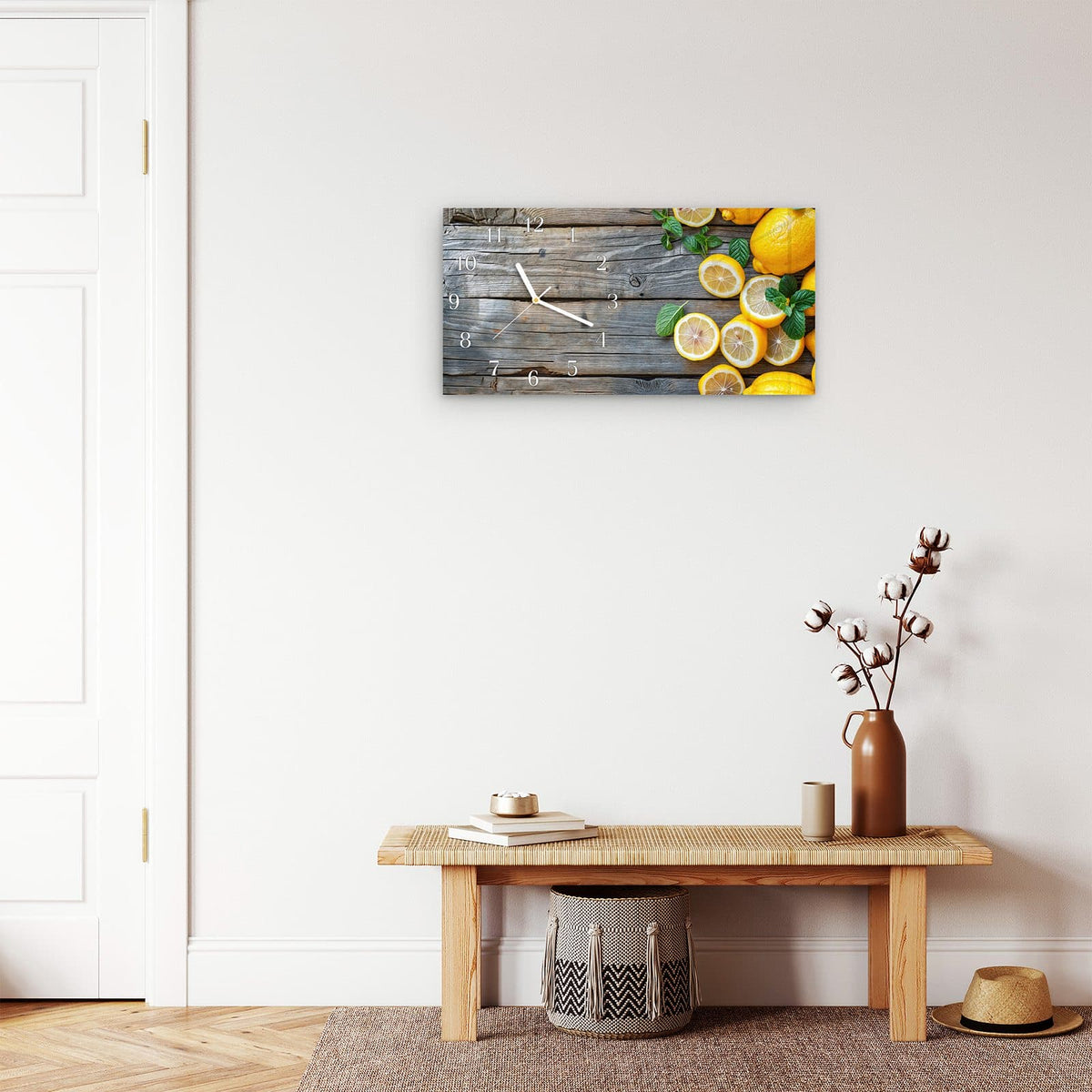 Moderne Wanduhr aus Glas mit Farbtiefe – Wanduhr Lemon Fresh aus Glas – Querformat 60 × 30 cm