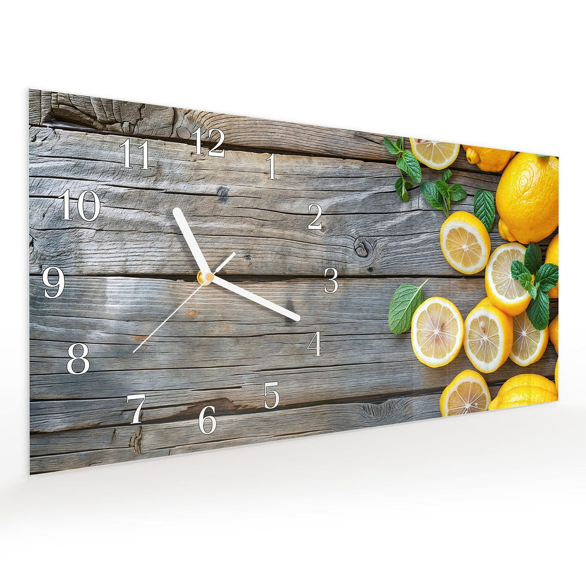 Vormontiert – mit Schwebeeffekt – Wanduhr Lemon Fresh aus Glas – Querformat 60 × 30 cm