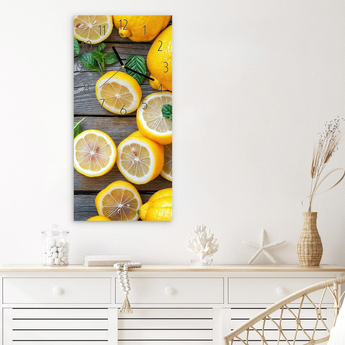 Wanduhr Lemon Fresh aus Glas – Zitronen und Minze auf Holzbrettern