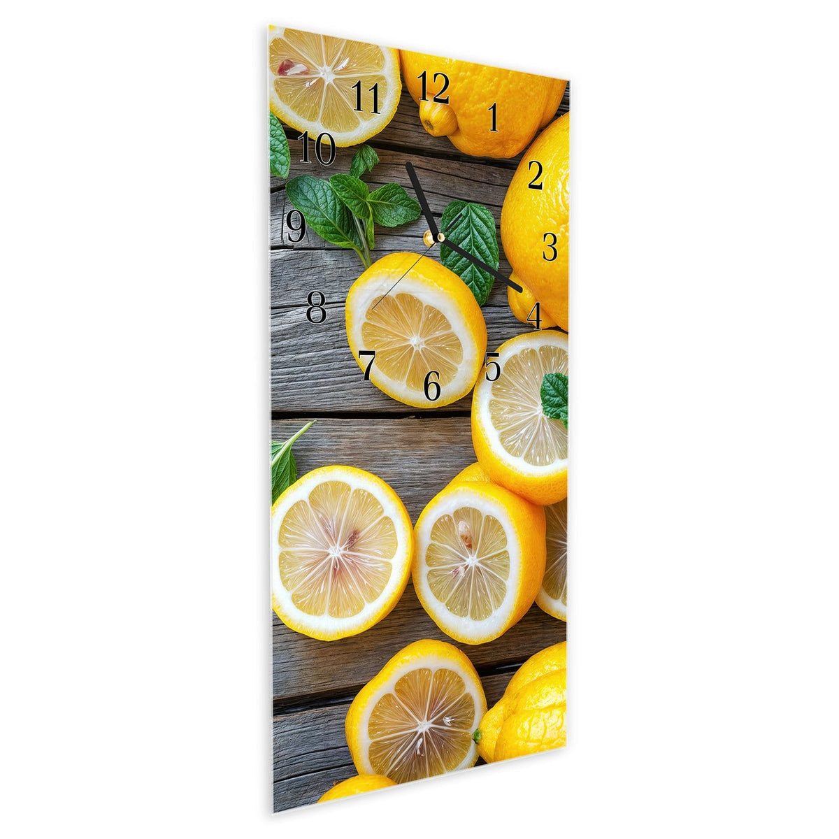 Vormontiert – mit Schwebeeffekt – Wanduhr Lemon Fresh aus Glas – Hochformat 30 × 60 cm