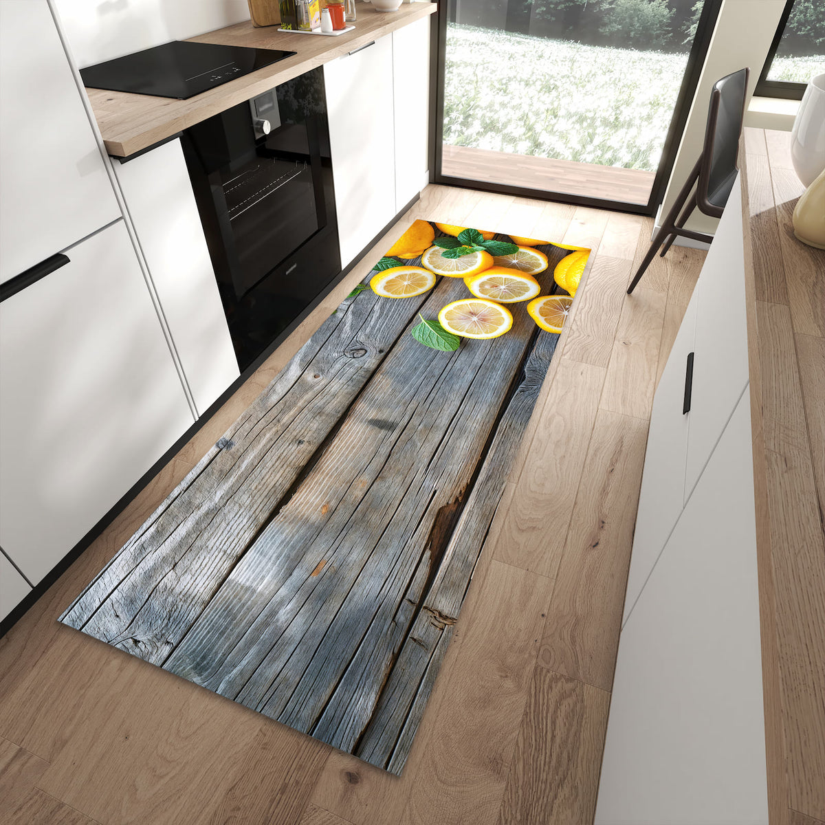 Komfortabler Küchenteppich mit Motiv Lemon Fresh in moderner Küche