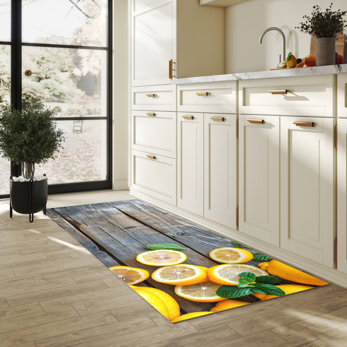 Rutschfester dünner Küchenteppich mit Motiv Lemon Fresh in heller Küche