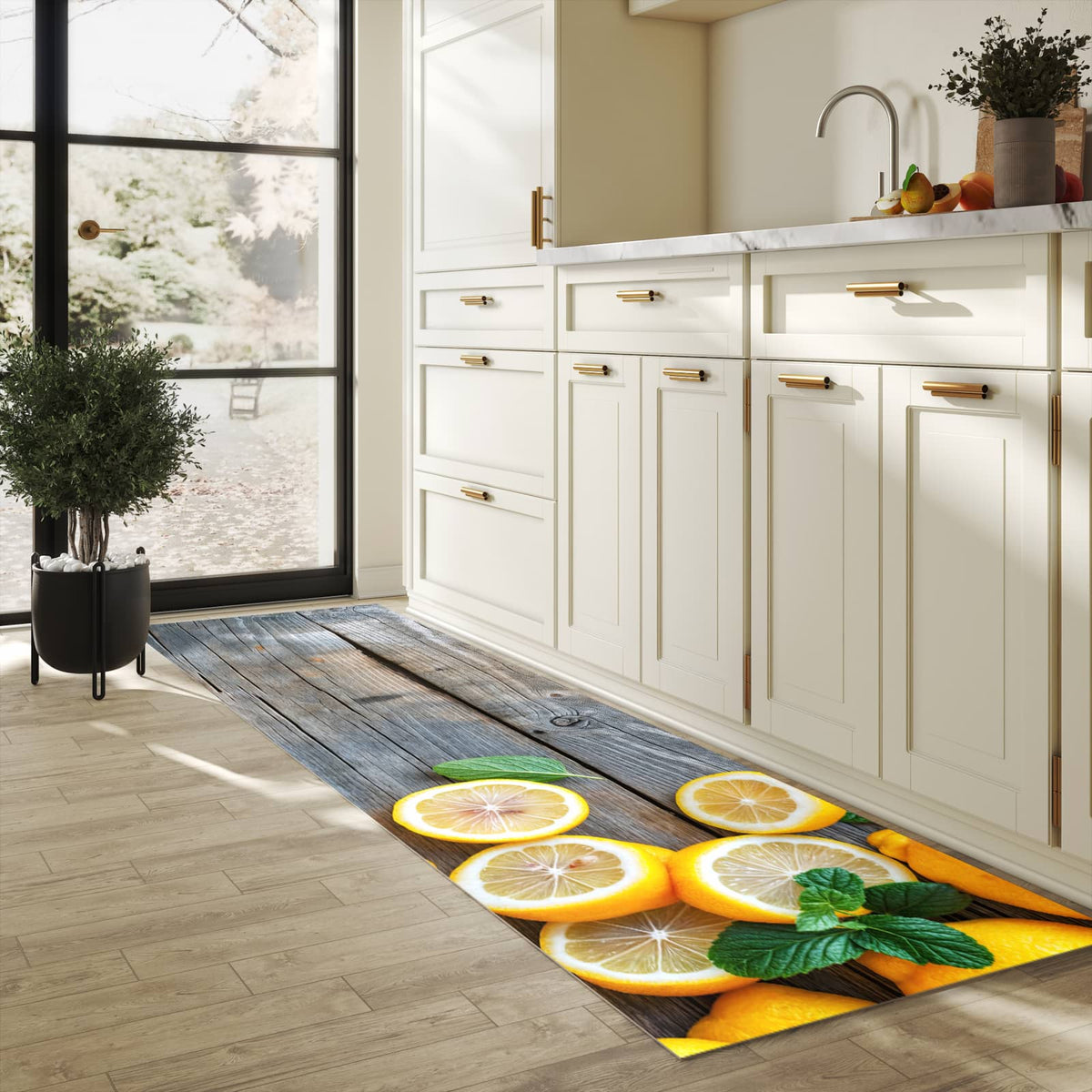 Pflegeleichter dünner Teppich mit Motiv Lemon Fresh in heller Küche
