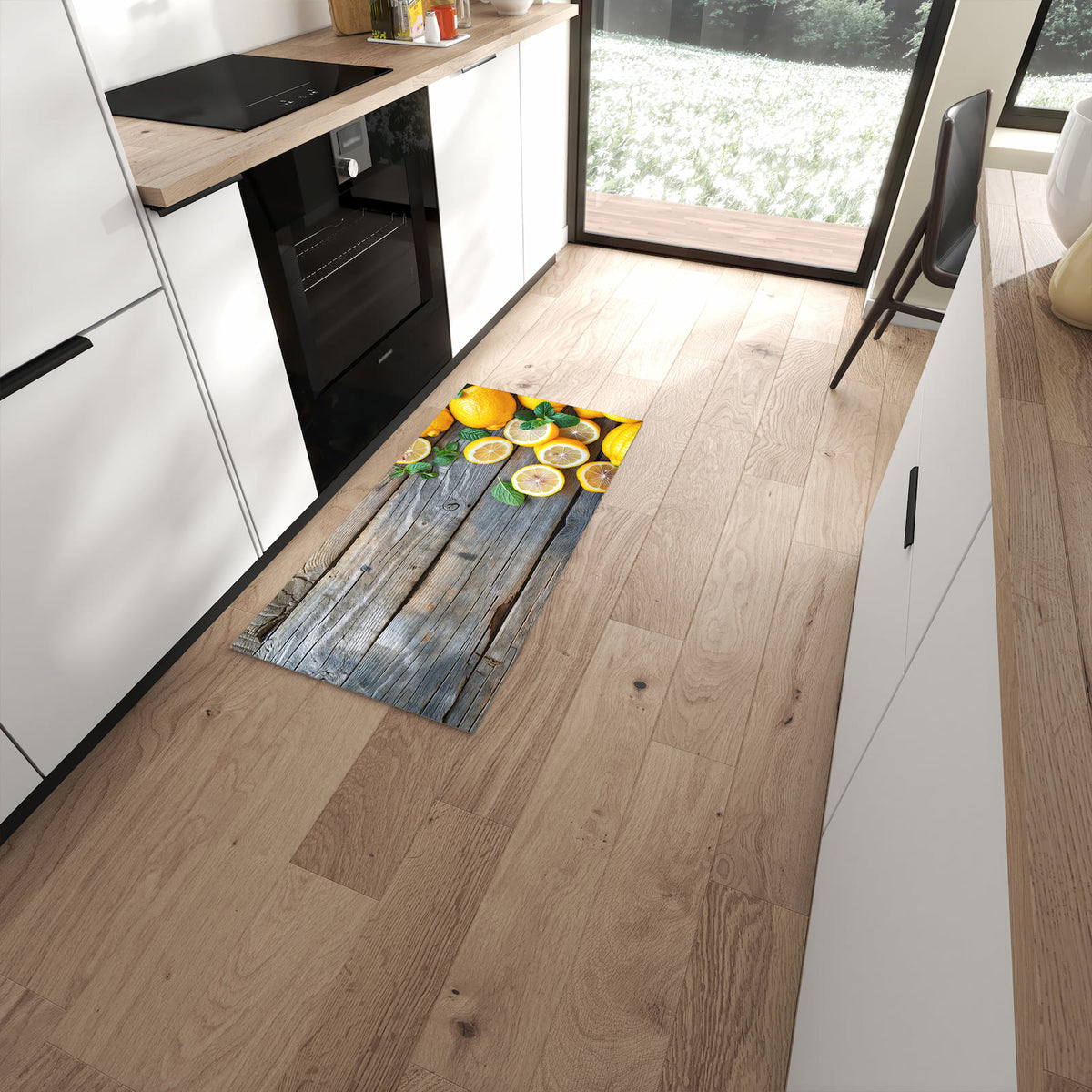 Zeitsparender rutschfester Küchenläufer mit Motiv Lemon Fresh in moderner Küche #grösse_60 x 120 cm