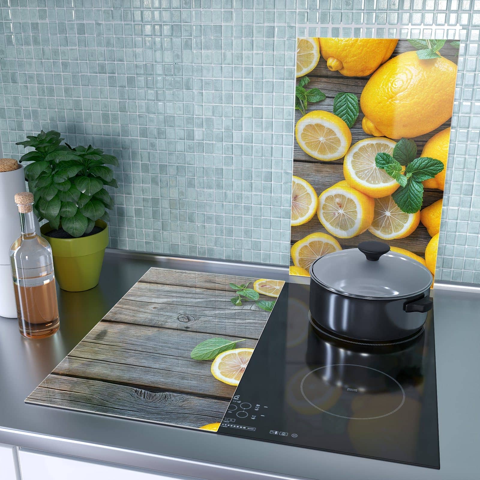1-teilige Herdabdeckung aus Holz mit Lemon Fresh-Motiv als Spritzschutz hinter dem Kochfeld