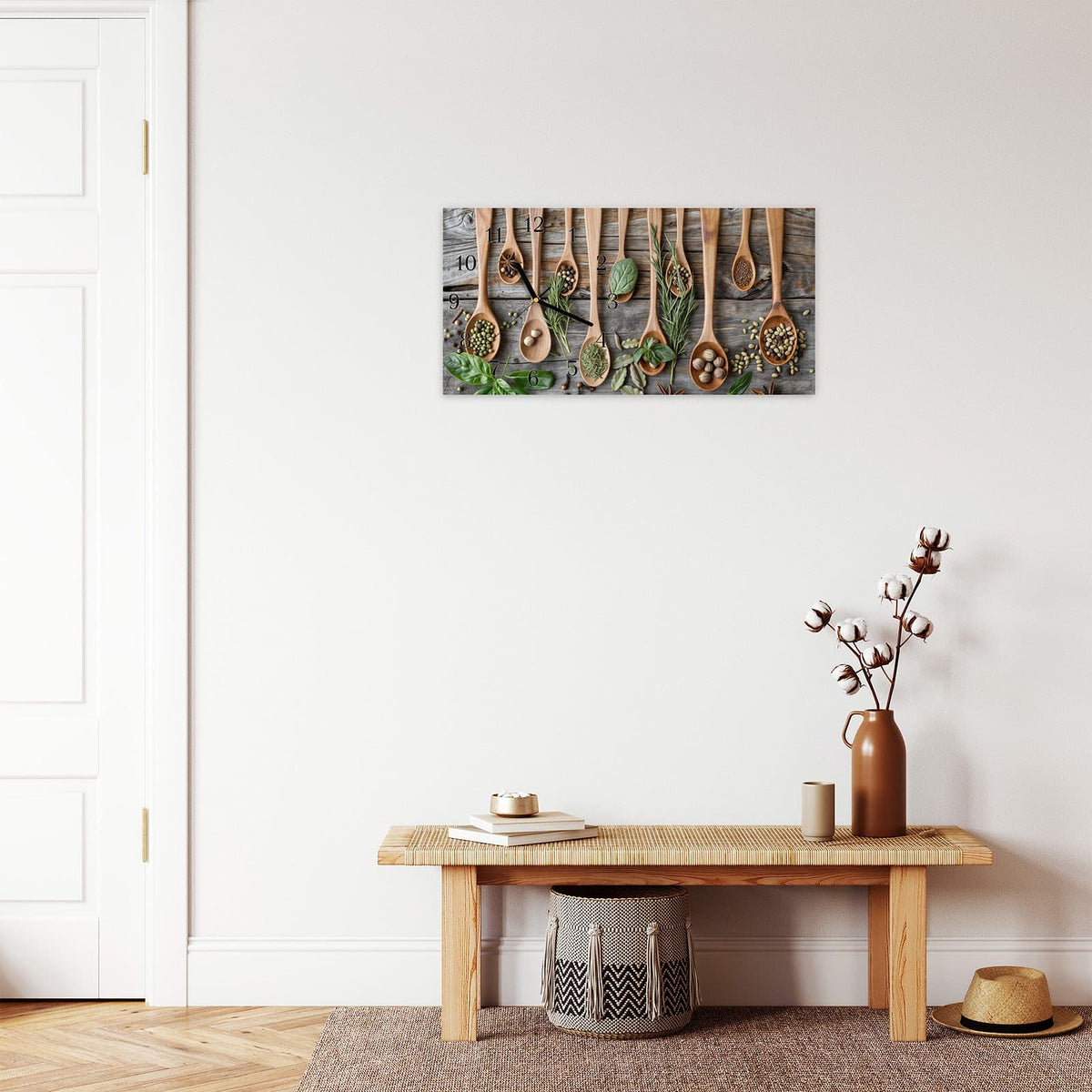 Moderne Wanduhr aus Glas mit Farbtiefe – Wanduhr Holzlöffel und Kräuter aus Glas – Querformat 60 × 30 cm