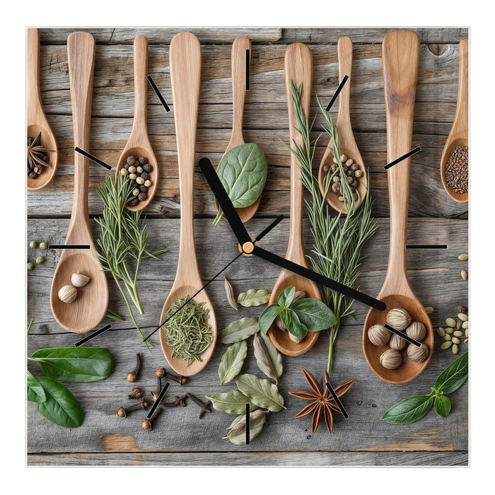 Wanduhr Holzlöffel und Kräuter aus Glas – Quadratisch 30 × 30 cm mit Ziffernblatt Linie