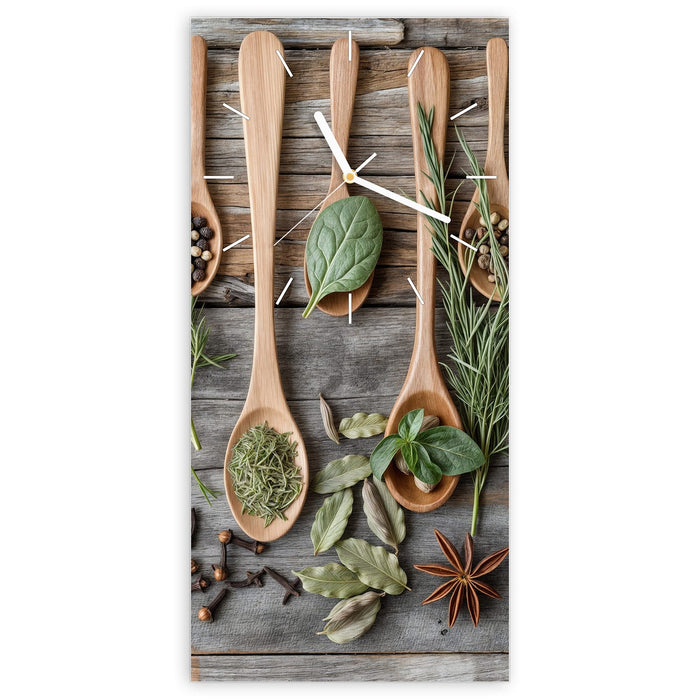 Wanduhr Holzlöffel und Kräuter aus Glas – Hochformat 30 × 60 cm mit Ziffernblatt Linie