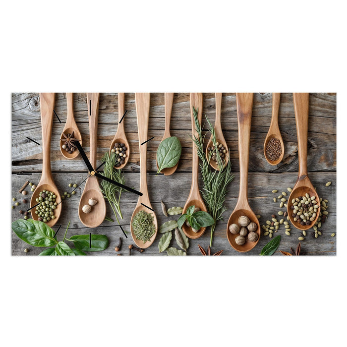 Wanduhr Holzlöffel und Kräuter aus Glas – Querformat 60 × 30 cm mit Ziffernblatt Linie