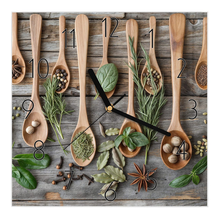 Wanduhr Holzlöffel und Kräuter aus Glas – Quadratisch 30 × 30 cm mit Ziffernblatt Elegant