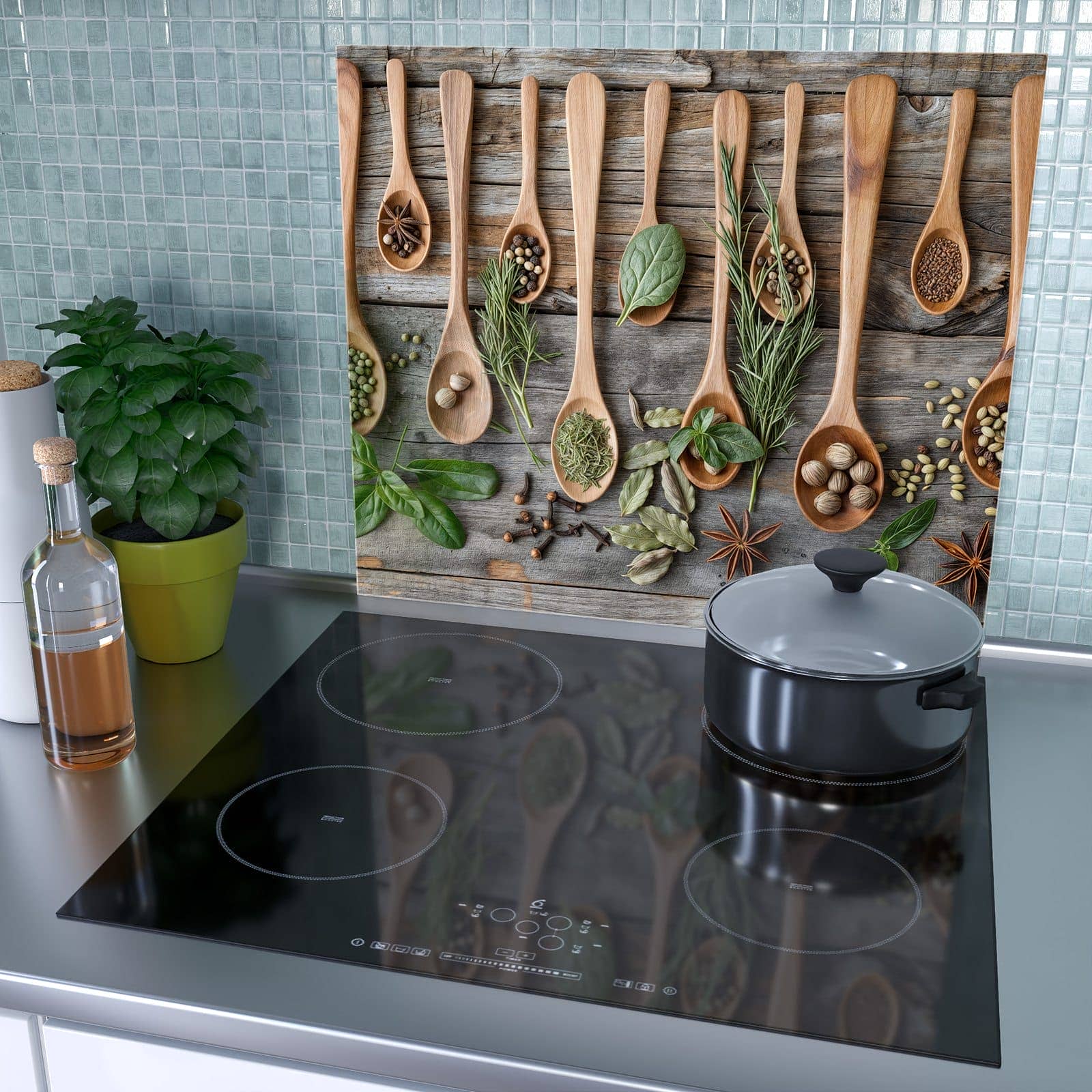 1-teilige Herdabdeckplatte aus Glas mit Holzlöffel und Kräuter-Motiv als Spritzschutz hinter dem Kochfeld