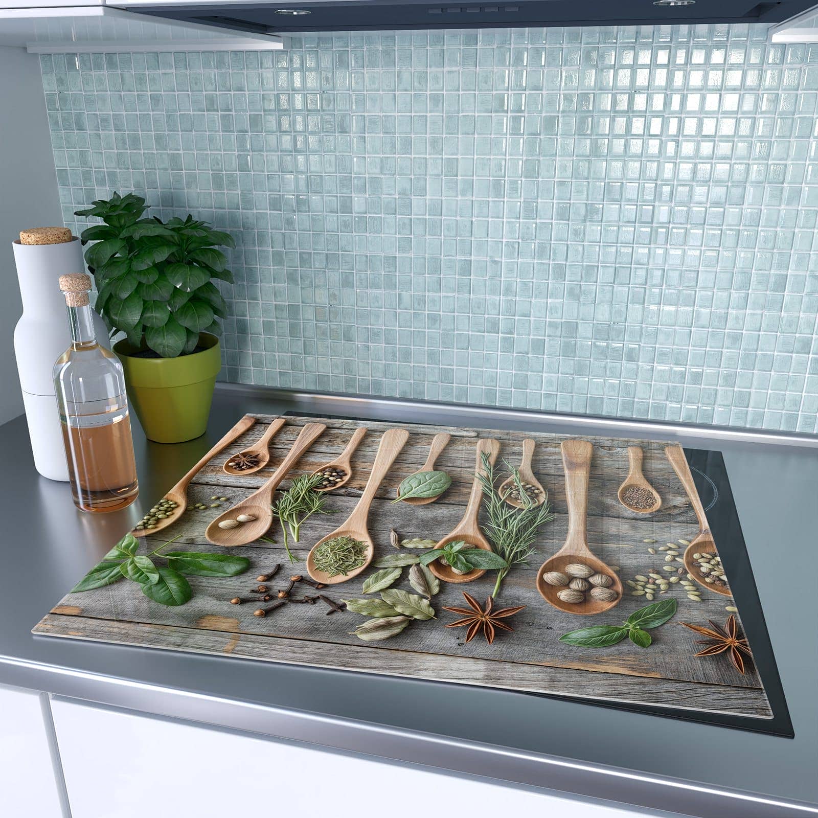 1-teilige Abdeckplatten Ceranfeld mit Holzlöffel und Kräuter-Motiv auf dem Ceranfeld