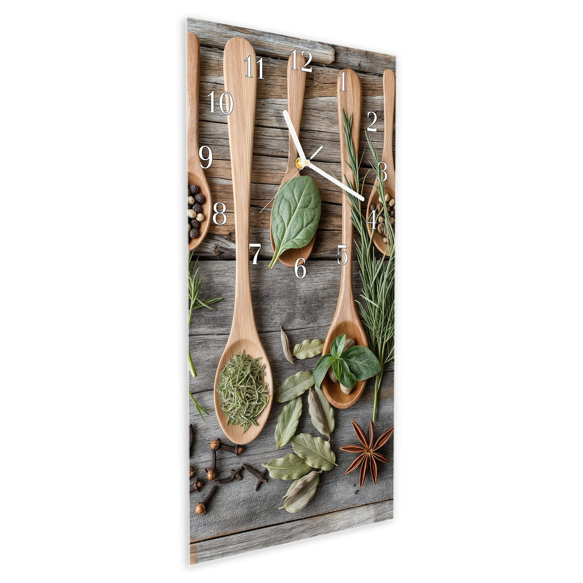 Vormontiert – mit Schwebeeffekt – Wanduhr Holzlöffel und Kräuter aus Glas – Hochformat 30 × 60 cm