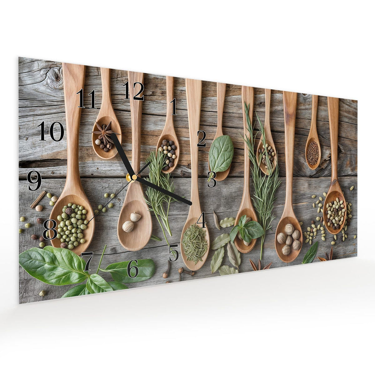 Vormontiert – mit Schwebeeffekt – Wanduhr Holzlöffel und Kräuter aus Glas – Querformat 60 × 30 cm
