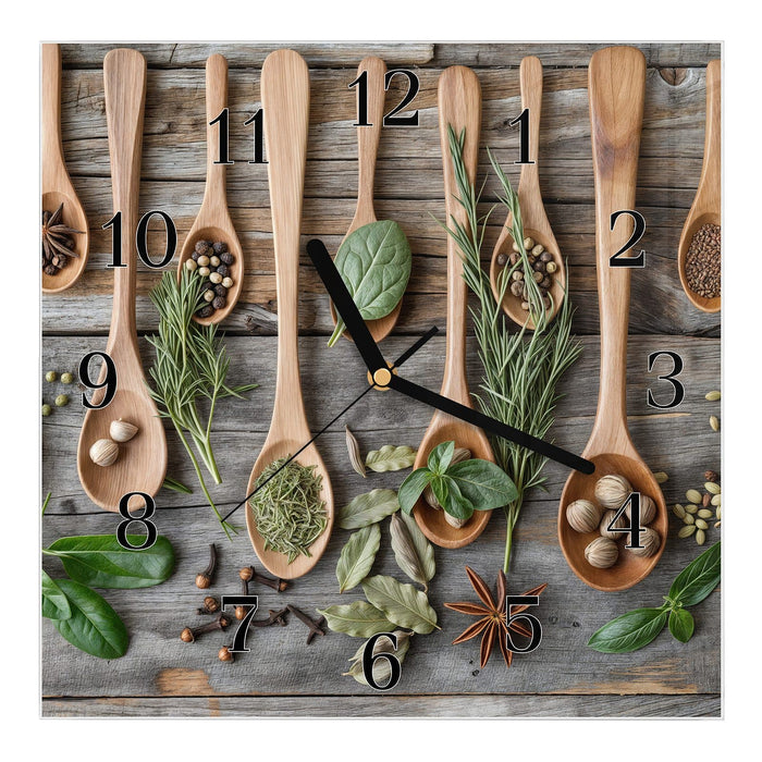 Wanduhr Holzlöffel und Kräuter aus Glas – Quadratisch 30 × 30 cm mit Ziffernblatt Klassisch