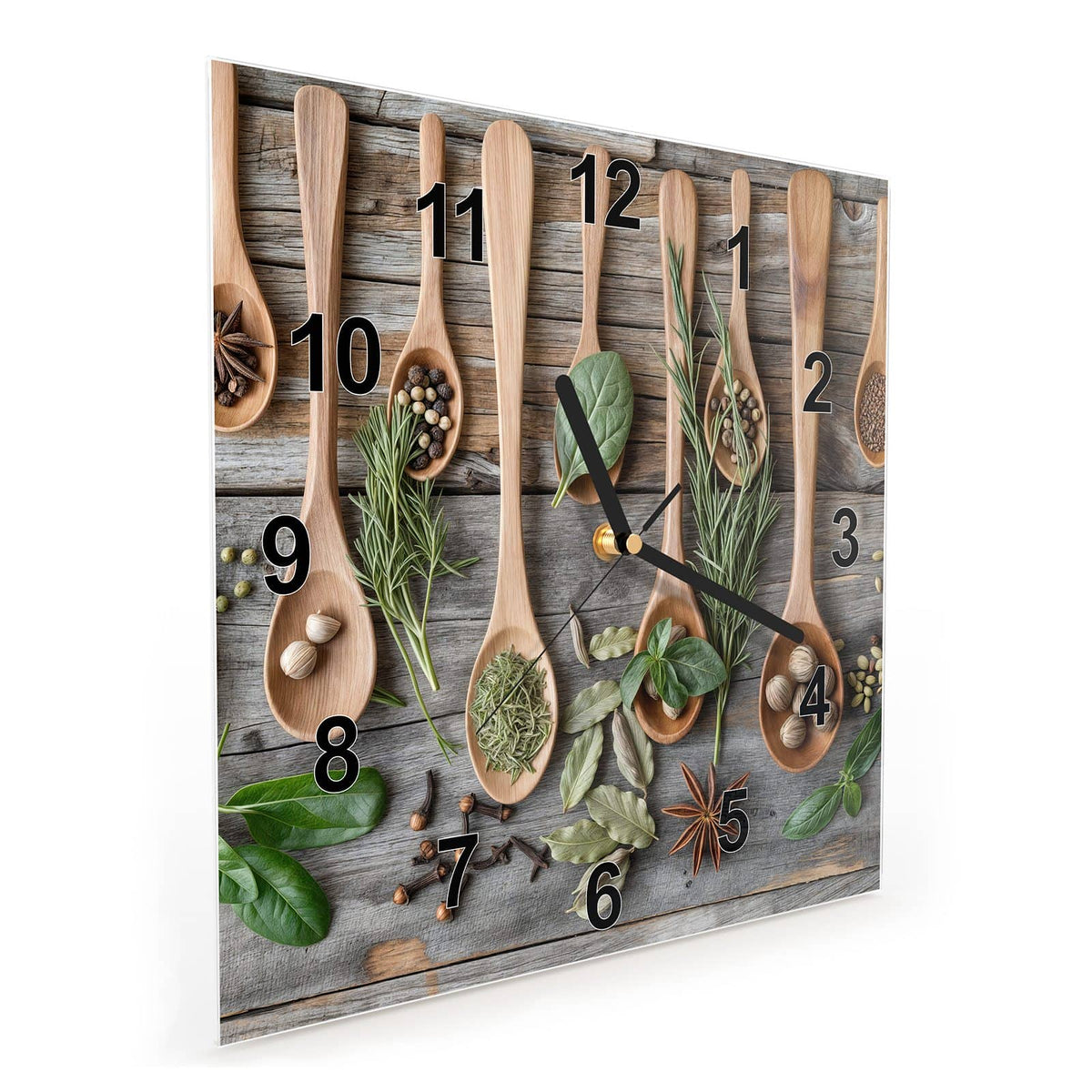 Vormontiert – mit Schwebeeffekt – Wanduhr Holzlöffel und Kräuter aus Glas – Quadratisch 30 × 30 cm