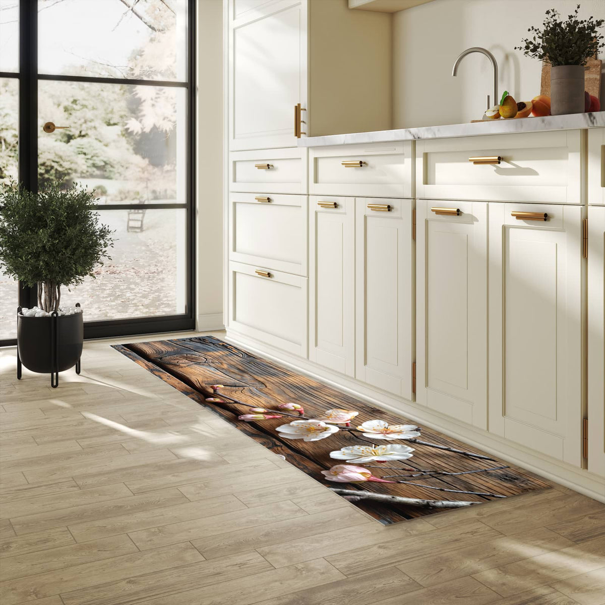 Schmutzabweisender rutschfester Küchenläufer mit Motiv Kirschblüten Holz in heller Küche