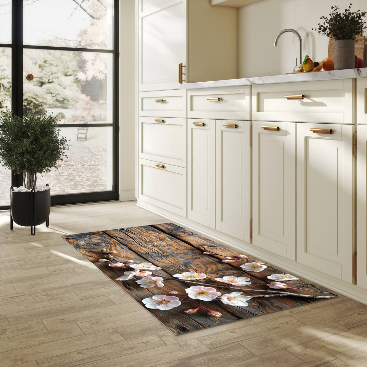Pflegeleichter moderner Küchenläufer mit Motiv Kirschblüten Holz in heller Küche