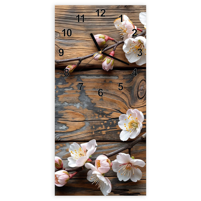 Wanduhr Kirschblüten Holz aus Glas – Hochformat 30 × 60 cm mit Ziffernblatt Modern