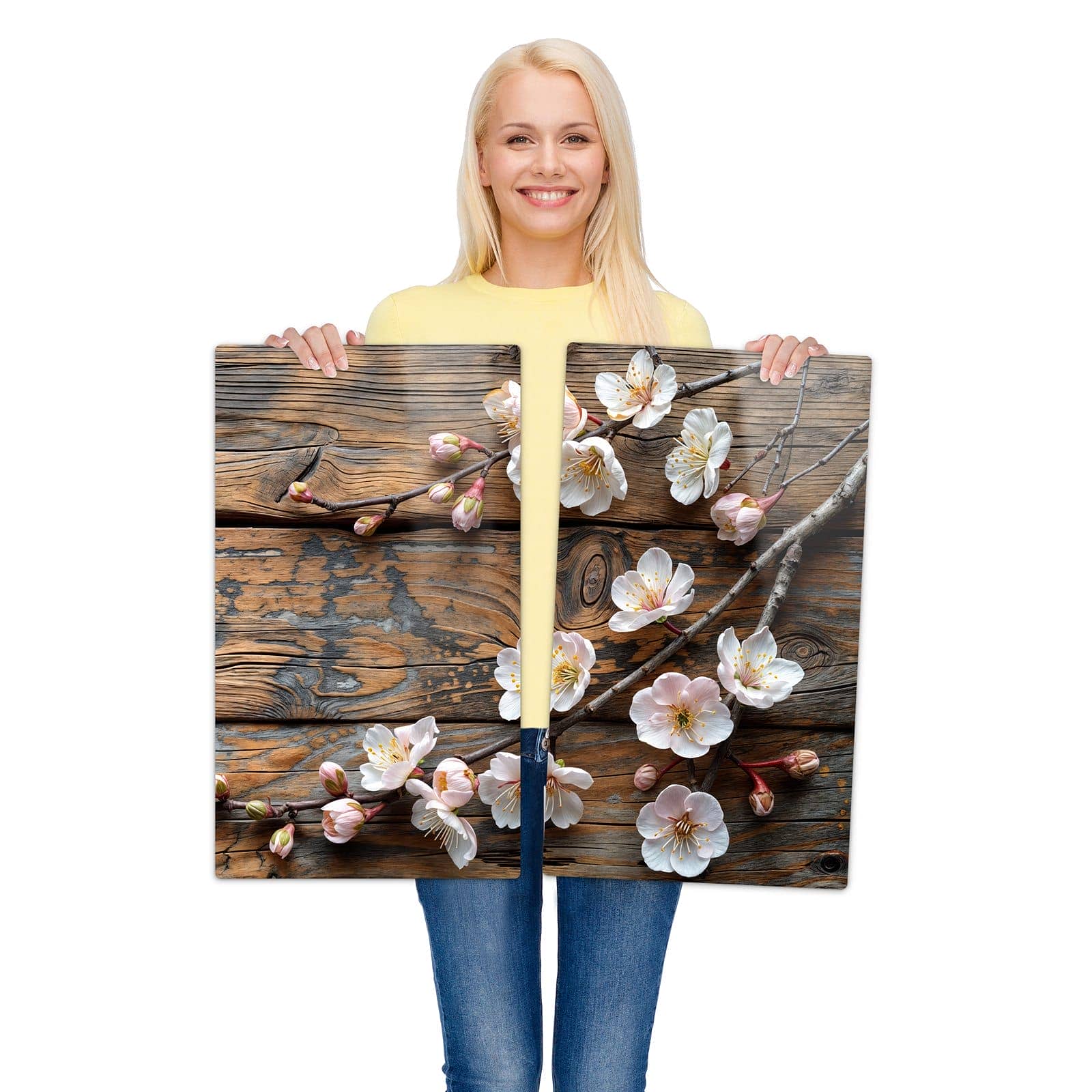 2-teilige Herdabdeckung mit Kirschblüten Holz-Motiv wird zur Größendarstellung gehalten