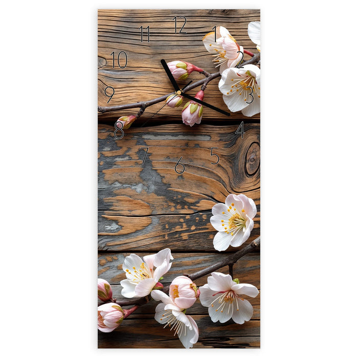Wanduhr Kirschblüten Holz aus Glas – Hochformat 30 × 60 cm mit Ziffernblatt Elegant