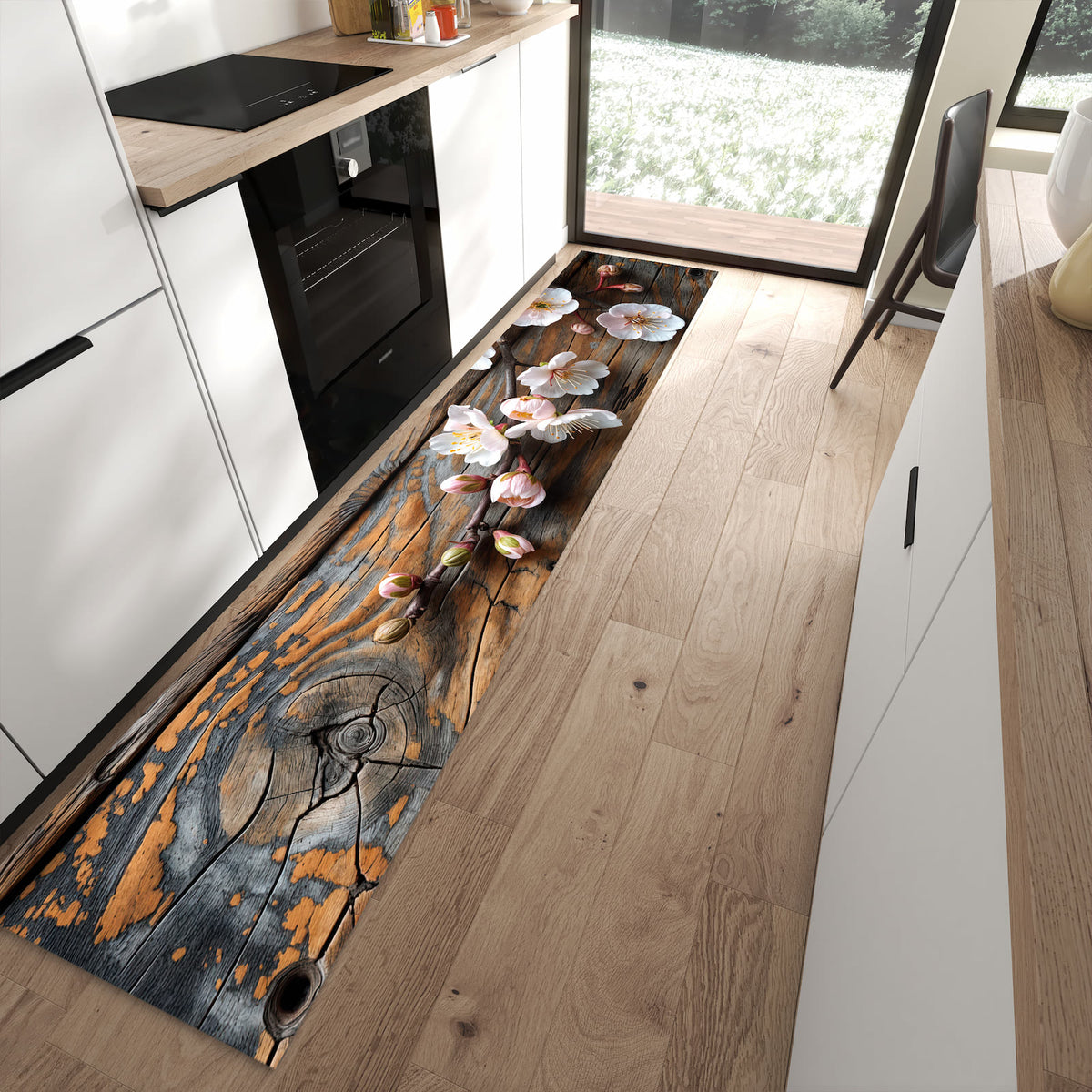 Schmutzabweisender Teppich für Esstisch mit Motiv Kirschblüten Holz in moderner Küche