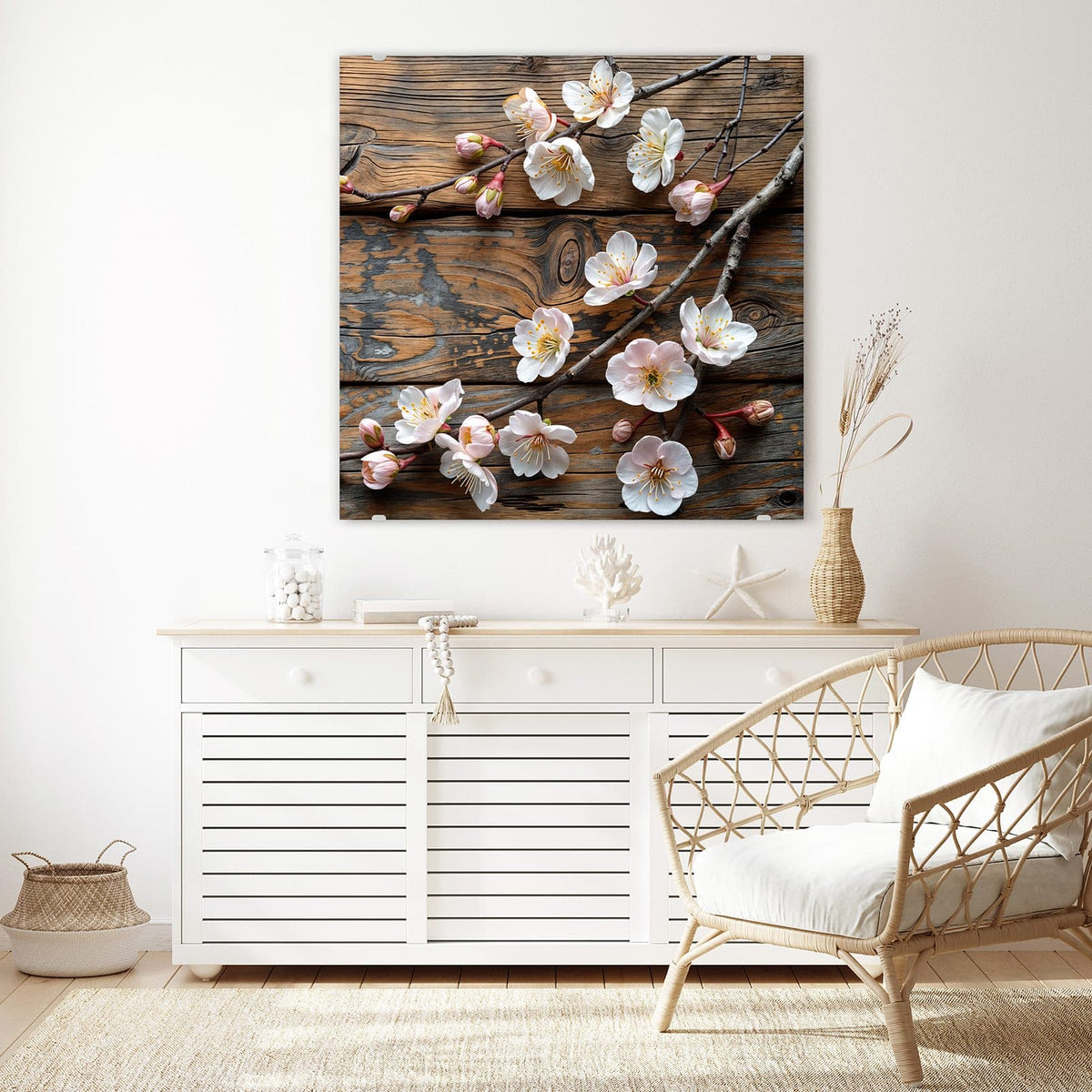 Glasbild Kirschblüten auf Altholz an der Wand – Kirschblütenzweige liegen auf grob verwitterten, braun-grauen Holzbohlen