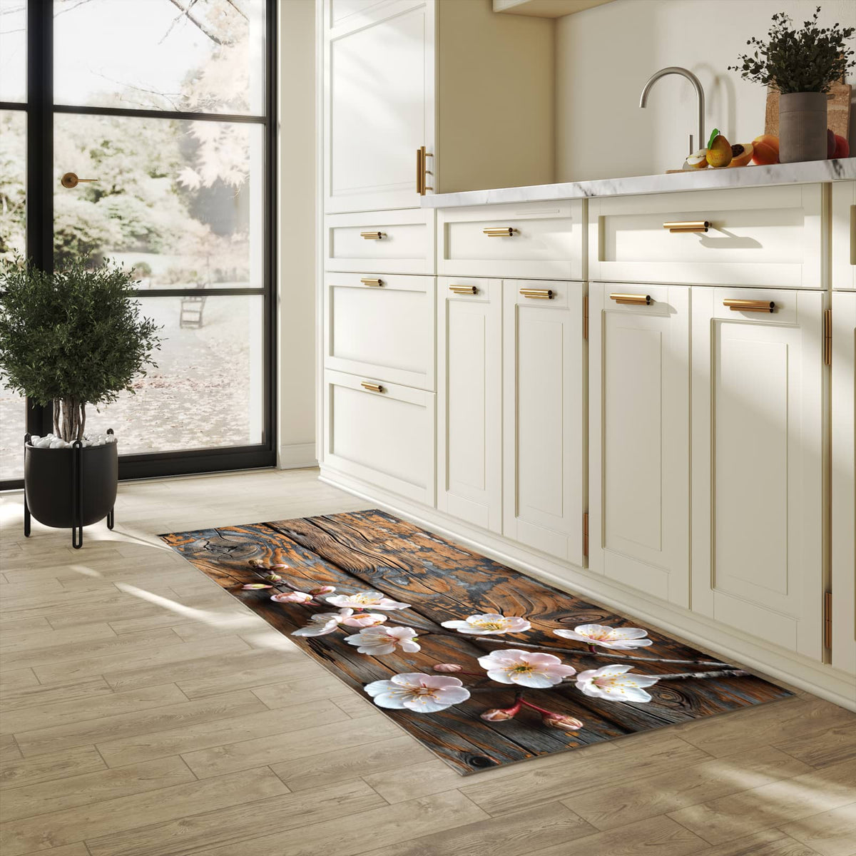 Flacher rutschfester Küchenläufer mit Motiv Kirschblüten Holz in heller Küche