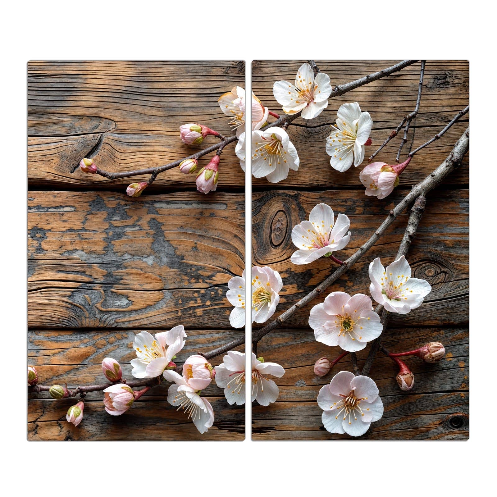 2-teilige Abdeckplatte für Ceranfeld mit Kirschblüten Holz-Motiv in der Frontansicht #grösse_2-Teilig (60x52cm)