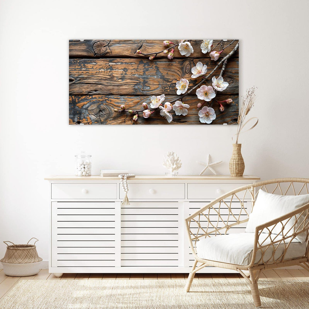 Echtglas, 4 mm – kein Acryl, keine Folie – Wandbild - Kirschblüten auf Altholz - Querformat