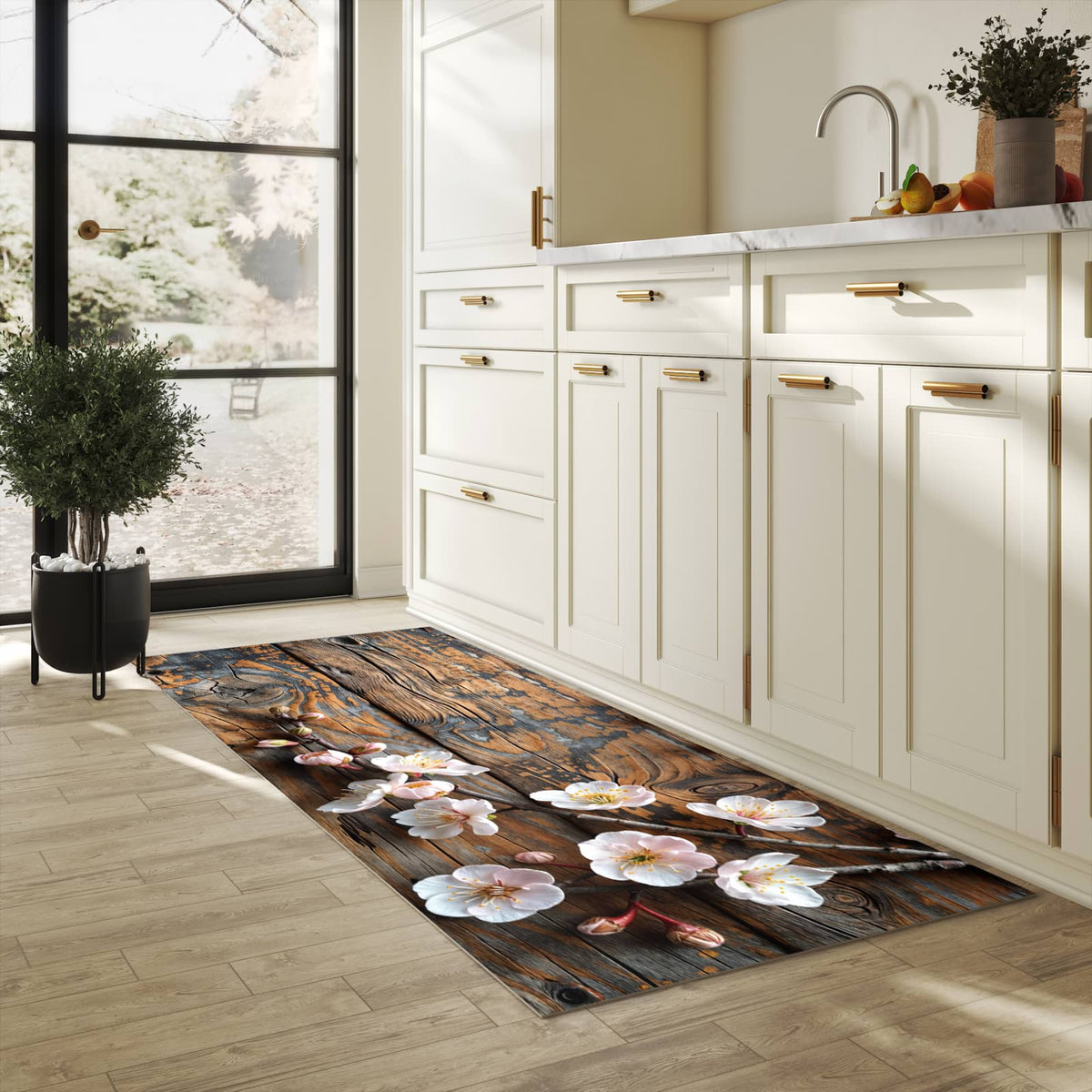 Abwaschbarer Küchenläufer mit Motiv Kirschblüten Holz in heller Küche für angenehme Haptik