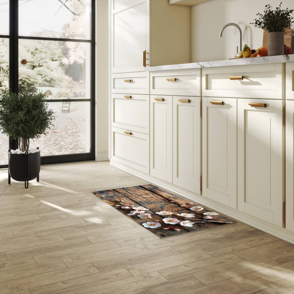 UV-beständiger Küchenläufer mit Motiv Kirschblüten Holz in heller Küche