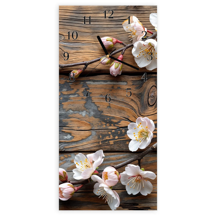 Wanduhr Kirschblüten Holz aus Glas – Hochformat 30 × 60 cm mit Ziffernblatt Klassisch