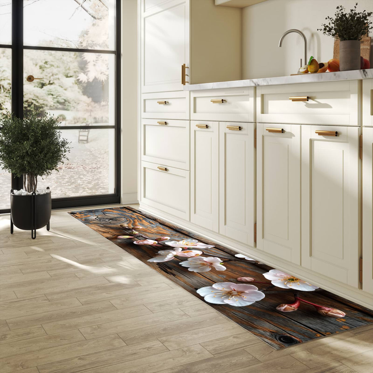 Geruchsneutraler rutschfester Küchenläufer mit Motiv Kirschblüten Holz in heller Küche