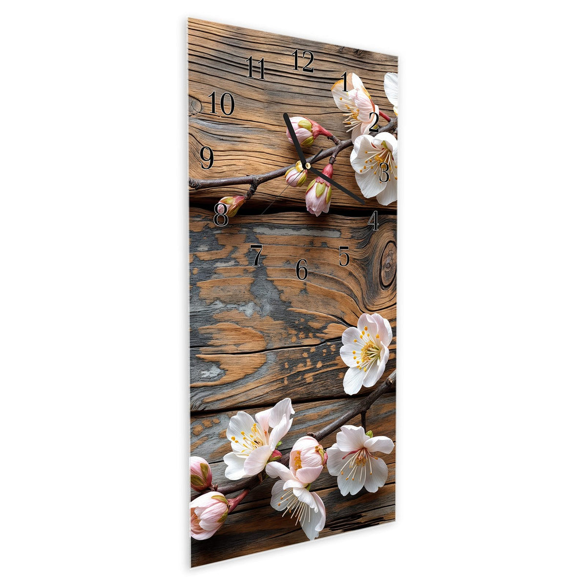 Vormontiert – mit Schwebeeffekt – Wanduhr Kirschblüten Holz aus Glas – Hochformat 30 × 60 cm