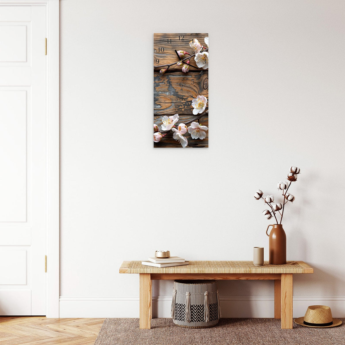 Moderne Wanduhr aus Glas mit Farbtiefe – Wanduhr Kirschblüten Holz aus Glas – Hochformat 30 × 60 cm