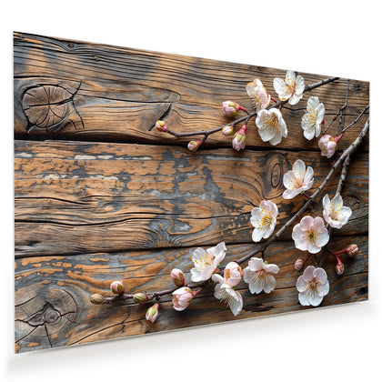 Wandbild mit dem Motiv Kirschblüten auf Altholz