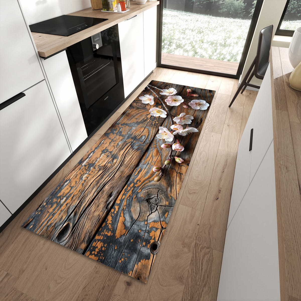 Rutschfester Küchenteppich mit Motiv Kirschblüten Holz in moderner Küche - leicht zu reinigen